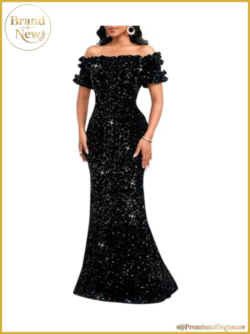 Women's Sequin Off Shoulder Ruffle Mermaid Maxi Dress Bodycon Formal Evening